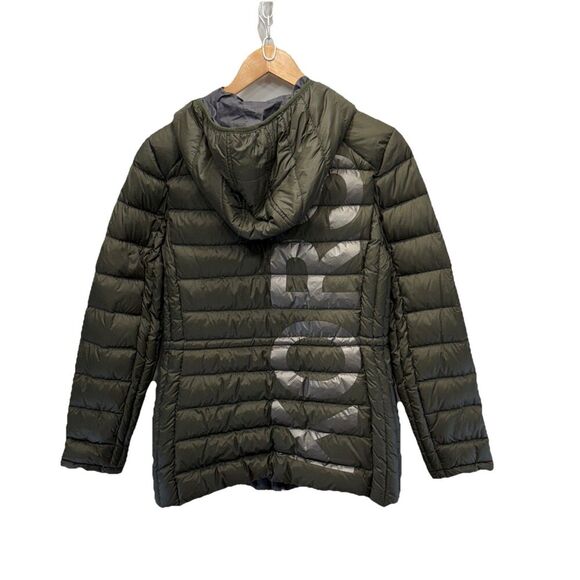 Michael Kors Womens Packable Hooded Down PufferJacket Size M Olive Logo Back Zip - Picture 5 of 16